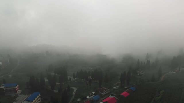 Drone view of lush green tea plantations / Tea garden in Ilam, eastern Nepal, with rolling hills, misty mountains, and small red roof houses surrounded by nature.
