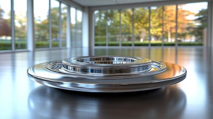 Sleek, chrome circular platform in spacious room