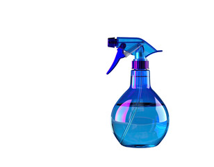 Glossy, transparent water spray bottle, lit with blue and purple hues