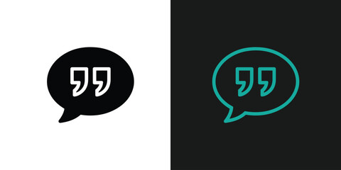 Fototapeta premium A split-screen image featuring a black quotation mark in a speech bubble on a white background and a teal quotation mark in a speech bubble on a black background