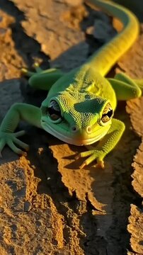 Green lizard resting on bark of tree in close-up detail