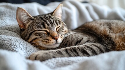 Sleepy tabby cat nestled in a soft blanket