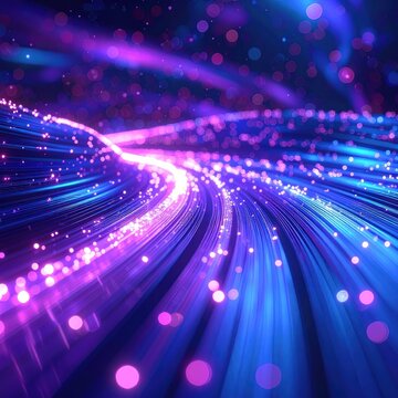 A dynamic abstract visualization of glowing blue and purple data streams with vibrant bokeh effects.