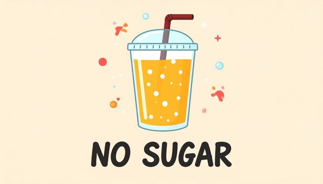 Colorful beverage cup with dome lid and straw, orange bubbly drink, bold &ldquo;NO SUGAR&rdquo; text promoting healthy choice.