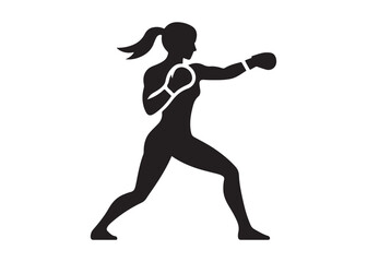 woman boxer logo silhouette vector, woman in boxing gloves silhouette vector illustration,  boxing woman logo silhouette, powerful female boxer logo vector silhouette on white background