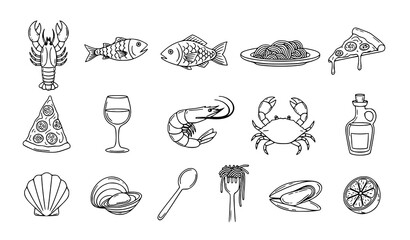 Black-and-white seafood and cuisine icon vector set for culinary illustrations © BijoyChandra