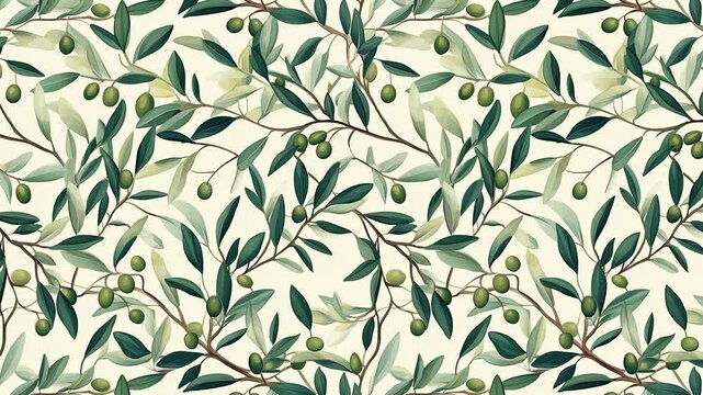 Seamless looping pattern of olive branches in vintage botanical style.