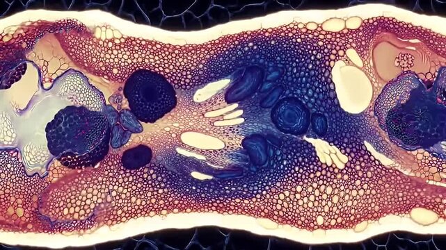 Detailed microscopic cross-section of plant stem tissue revealing intricate cellular structures and vibrant color variations for scientific research and educational purposes