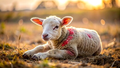Obraz premium A lamb lies on the ground, bathed in golden sunlight at sunset, with red markings on its woolly coat