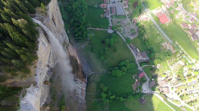 Staubbach Falls in Lauterbrunnen Valley in Lauterbrunnen, Switzerland