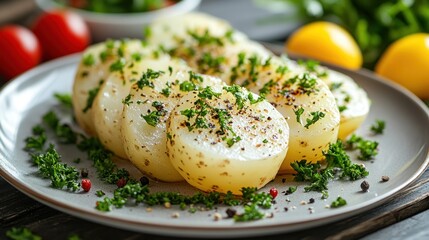 Sliced potatoes, garnished with herbs and spices