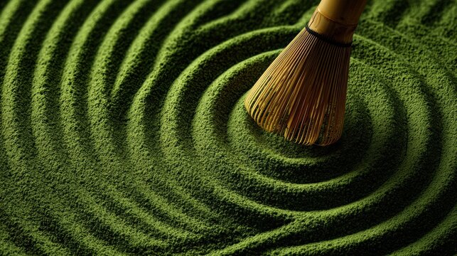 抹茶粉末で描いた枯山水の砂紋と竹製茶筅の和風背景