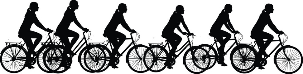 Obraz premium Black silhouette group of active women riding bicycles in a row sequence performing healthy outdoor exercise and eco friendly transportation isolated on white background