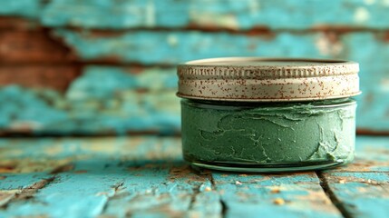 Small green jar of cream on rustic teal wood