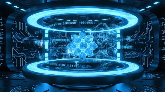 Blue futuristic laboratory with rotating atom and flowing binary code on circuit board walls for technology background