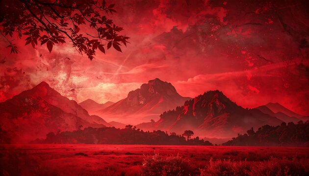 A landscape showing red sky and mountains with tree branches in the foreground