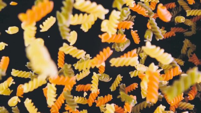  a lot of pasta macaroni peaces falling down from above 