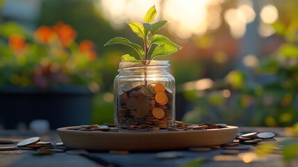 Small plant in glass jar filled with coins.  Sunlight