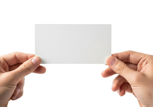 Hands showing a blank paper voucher for unbranded gift certificates and e commerce assets isolated on white.