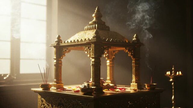 Incense Burning with Golden Shrine in Temple Setting Slow Motion