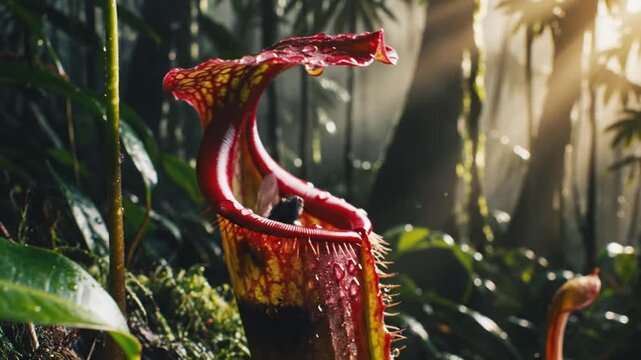 Carnivorous Pitcher Plant Captures Fly in Tropical Rainforest
