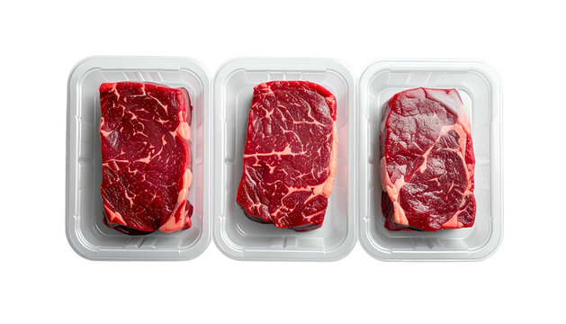 Three raw, uncooked steaks in plastic containers, overhead view