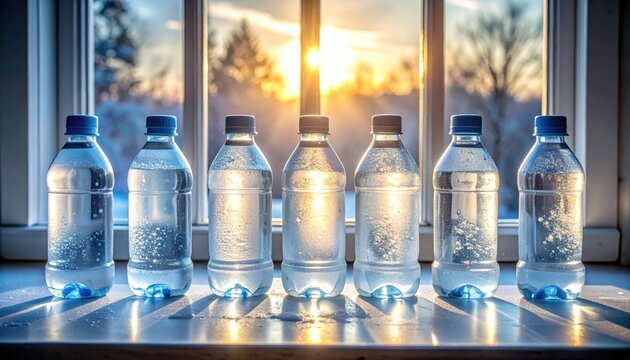 FlyPro Firefly frozen water bottles meticulously lined up on a windowsill, beautifully catching the faint morning light in a detailed photographic capture.