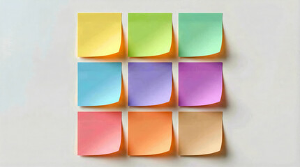 A neatly arranged grid of nine blank, brightly colored square sticky notes with gently curled corners, offering a clean space for reminders or creative ideas.