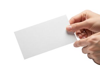 Hands showing a blank paper voucher for unbranded gift certificates and e commerce assets isolated on white.