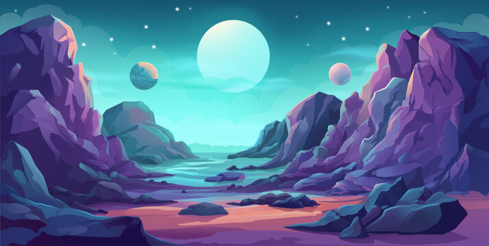 An alien planet outer space landscape cartoon science fiction futuristic fantasy video game background. 