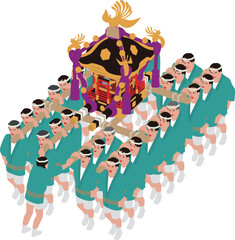 日本の伝統行事祭り。神輿を担ぐ男性たちのイラスト