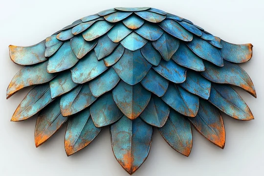 Blue and Orange Textured Leaf Design on White Background Decorative Art Wall Hanging.