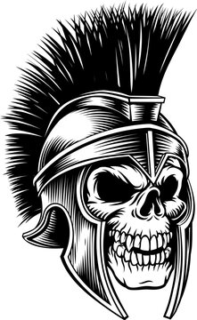 A human skull angry grim reaper skeleton head wearing ancient Greek spartan or trojan or Roman gladiator helmet in a vintage woodcut style.