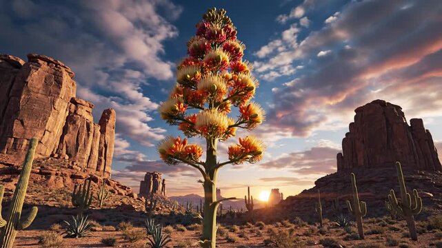 Majestic Agave Flower Shoots Skyward in Desert Sunset