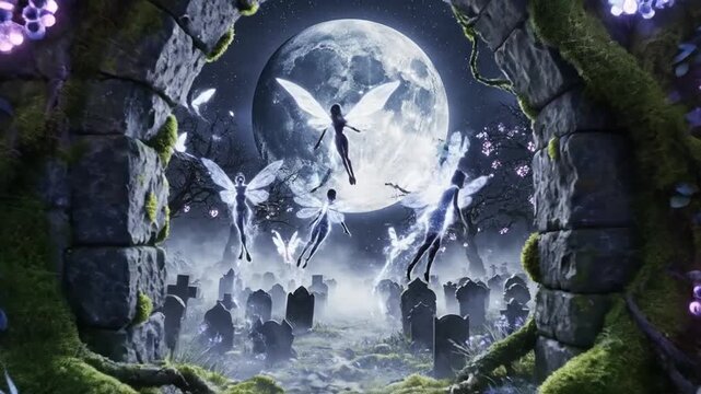 Ethereal fairies in mystical graveyard archway under full moon night