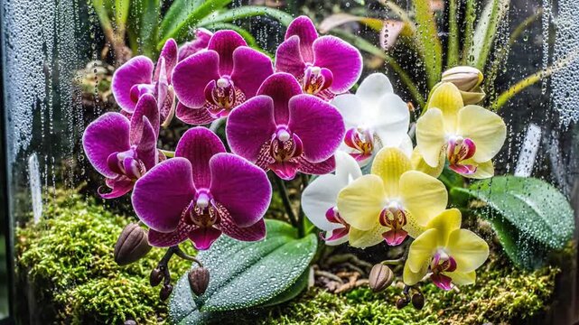 Orchids bloom in a humid terrarium garden environment