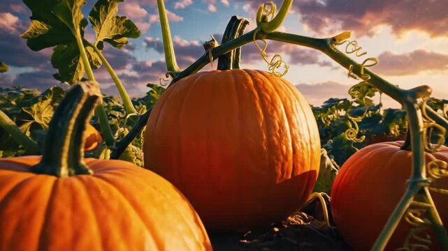 Ripe Pumpkins Swelling on Vines in Autumn Field