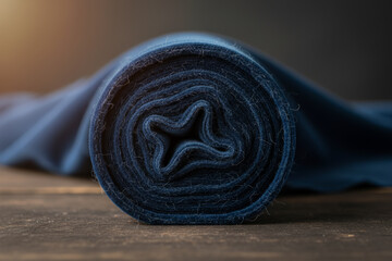 Rolled dark blue fabric on a wooden table, ideal for textile, fashion, or craft project concepts