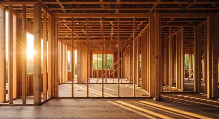 Fototapeta premium Unfinished interior construction site with exposed wooden framing and beams, viewed from the side with natural light streaming in
