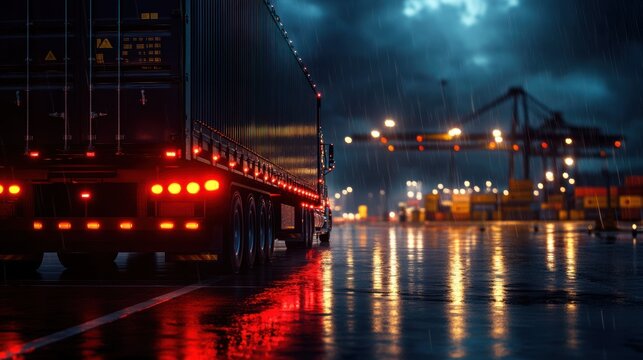 Rain-soaked shipping yard at night with illuminated semi-truck trailer, glowing red taillights and distant cargo cranes reflecting on wet pavement, moody and cinematic