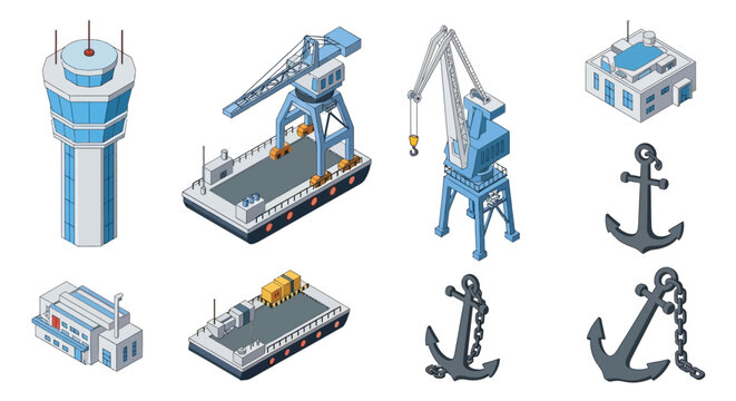 Isometric illustration of a port with control tower and various elements
