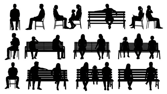 Seated Human Figures on Chairs and Benches Side View Black Silhouettes Vector Collection