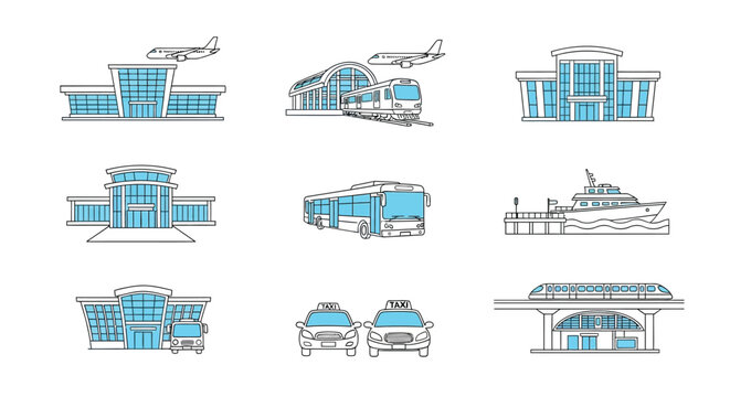 Collection of transportation hubs and vehicles in a linear style