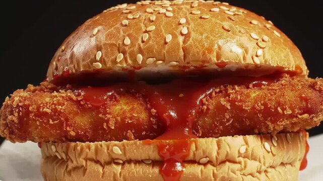Delicious close-up of a crispy fried chicken sandwich with a sesame seed bun and dripping sauce, perfect for a quick meal