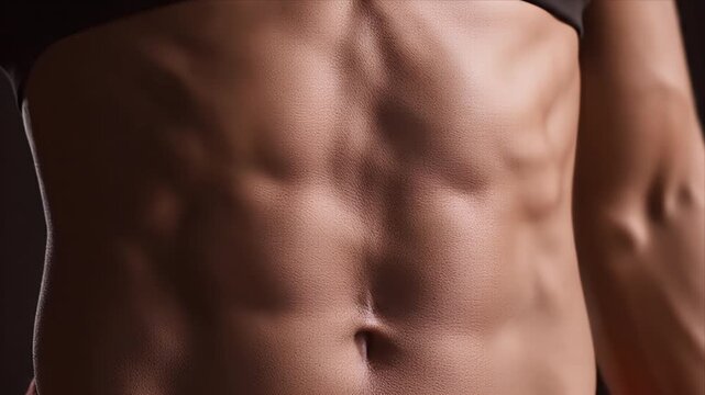 Close up of a toned athletic abdomen showing well defined abdominal muscles with sweat glistening under warm studio