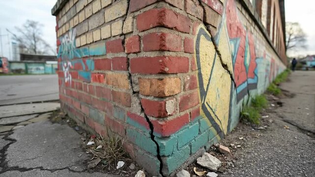 Poor kid portrait in gloomy slum background concept. Urban street corner with cracked brick wall and colorful graffiti art in outdoor city environment
