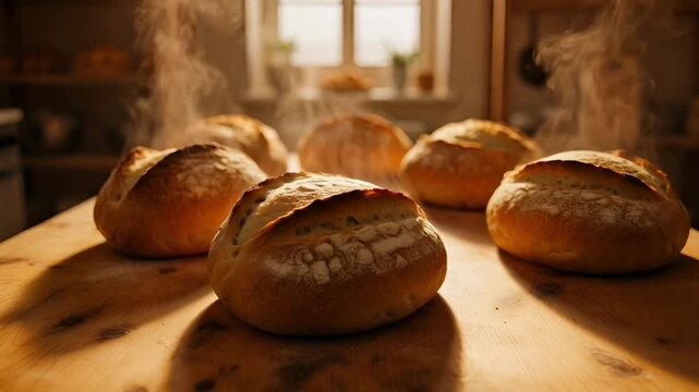Artisanal bread loaves on wooden table with sunlight and shadow
