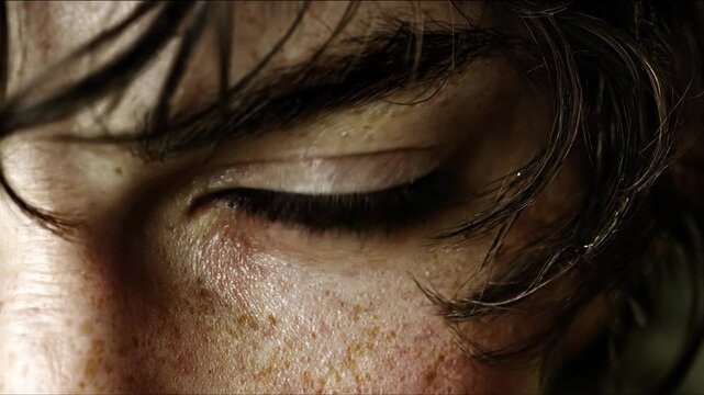 Poor kid portrait in gloomy slum background concept. Close up of intense green eye with freckled skin and dark hair capturing raw human emotion and detail