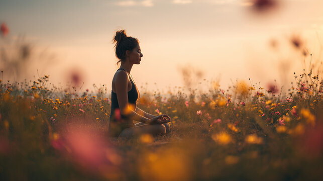 young woman practicing morning yoga in a blooming spring meadow, peaceful female meditating in wildflower field at sunrise, zen wellness lifestyle and mindfulness in nature