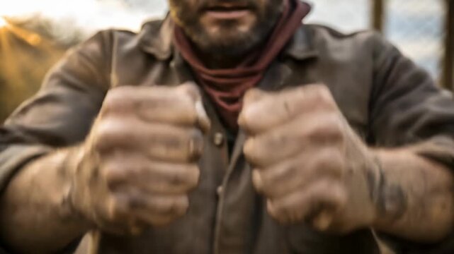 Poor kid portrait in gloomy slum background concept. Close up of dirty hands showing hard work and manual labor with a rugged worker in the background